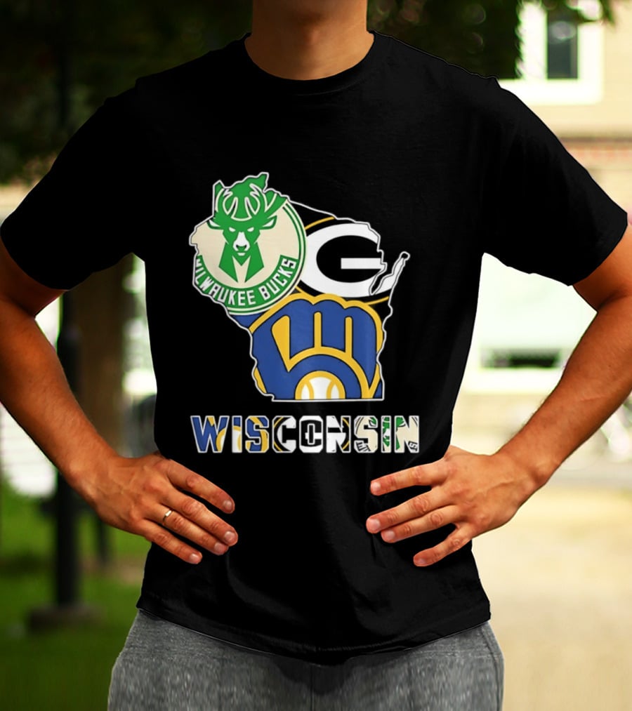 Milwaukee Bucks Green Bay Packers Milwaukee Brewers Wisconsin Map T-Shirt