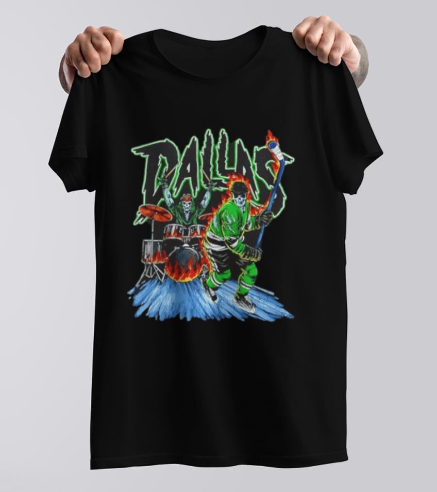 Dallas Stars Skeleton Hockey Fire With Drummer T-Shirt
