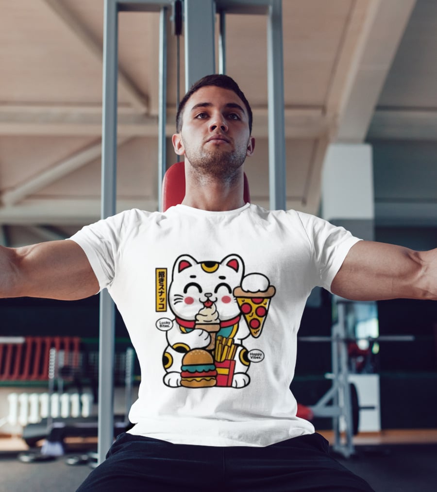 Lucky Bites Happy Vibes Maneki Neko Cat Ice Cream Pizza Burger Fries T-Shirt
