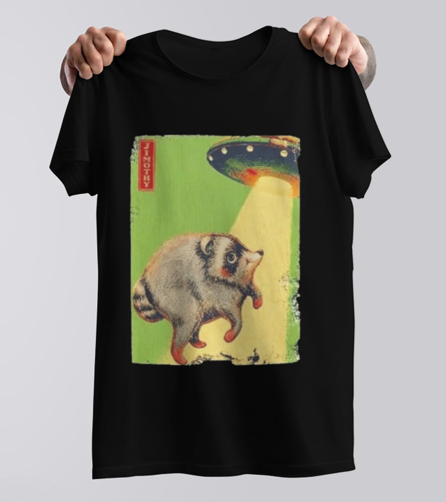 Jimothy Raccoon Abducted By UFO Alien Beam On Green T-Shirt
