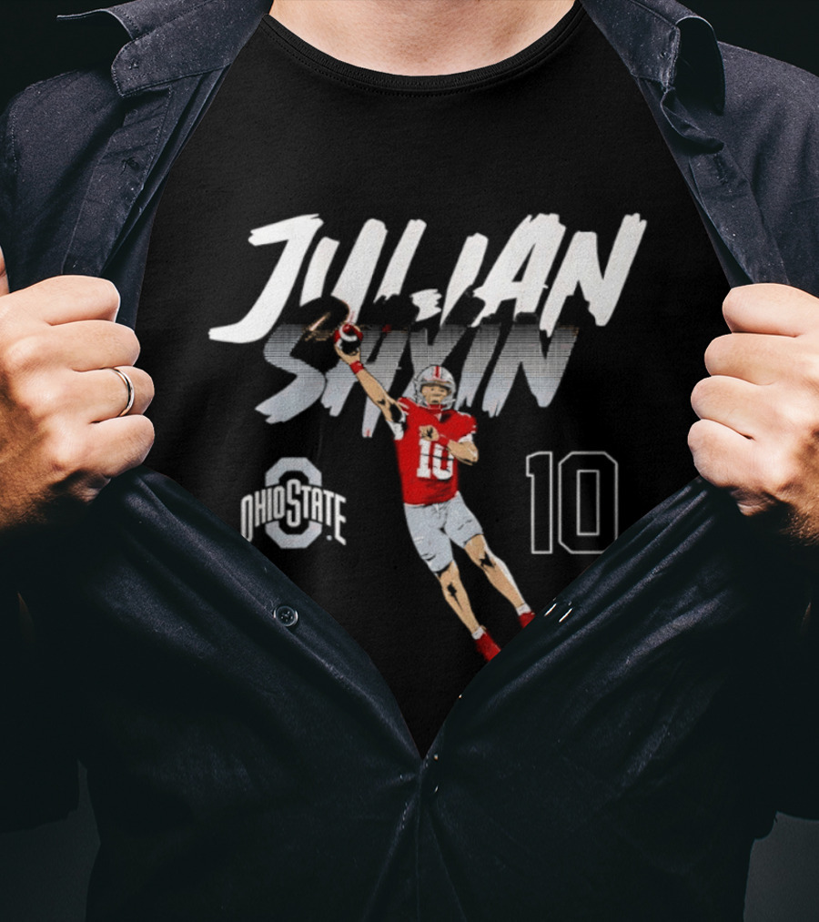 Julian Sayin Ohio State Buckeyes Number 10 Football Player Action Pose T-Shirt