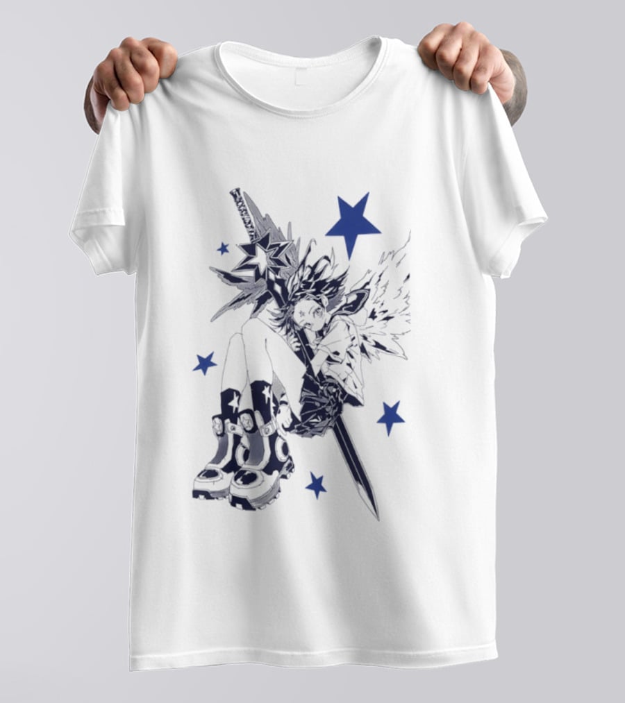 Arkestar Anime Girl Sword Wings Blue Stars T-Shirt