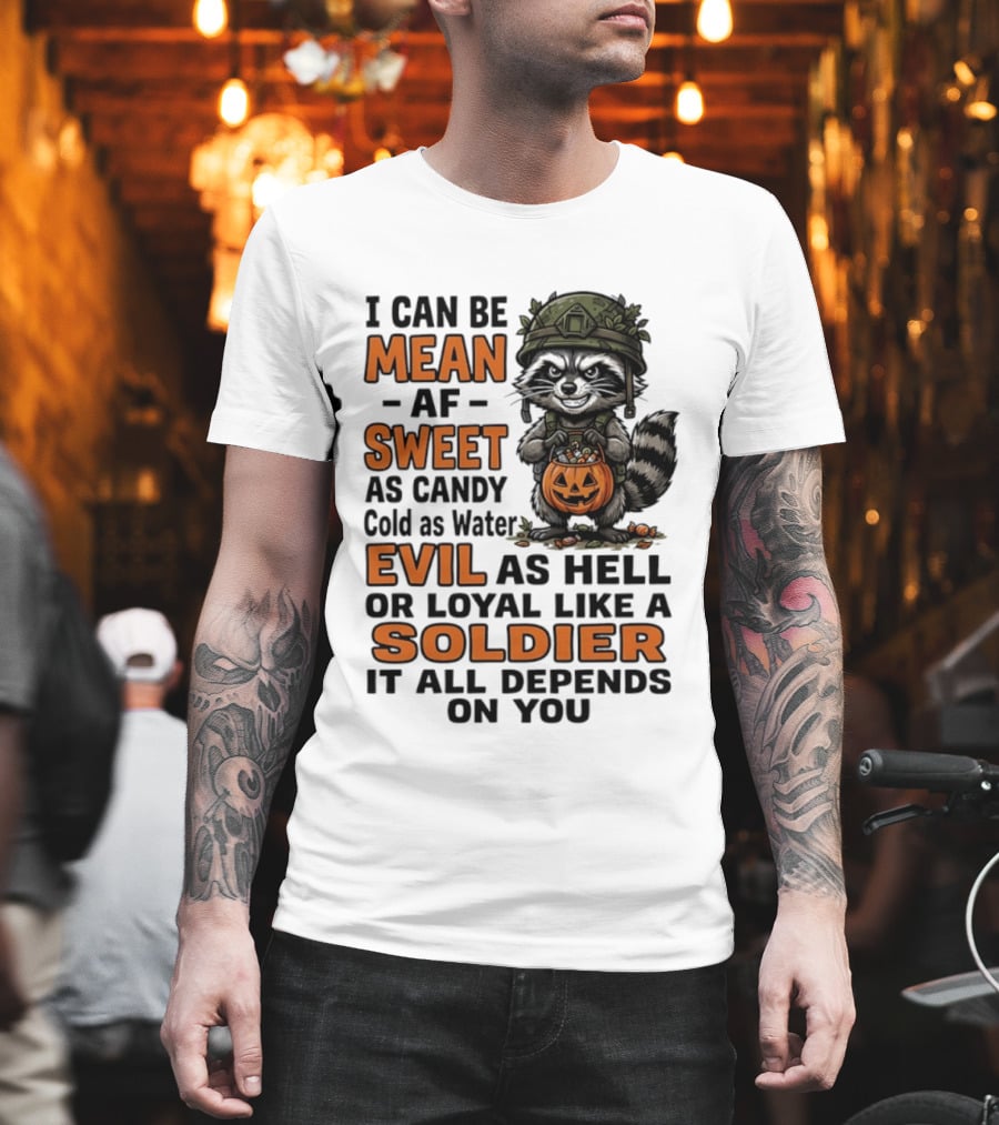 Raccoon I Can Be Mean AF Sweet As Candy Cold As Water Evil As Hell Or Loyal Like A Soldier It All Depends On You T-Shirt