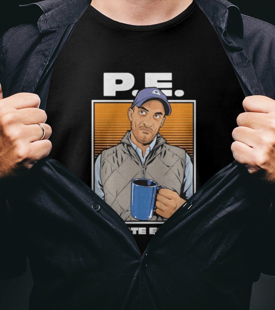 P.E. Guy Holding Coffee In Vest And Cap T-Shirt