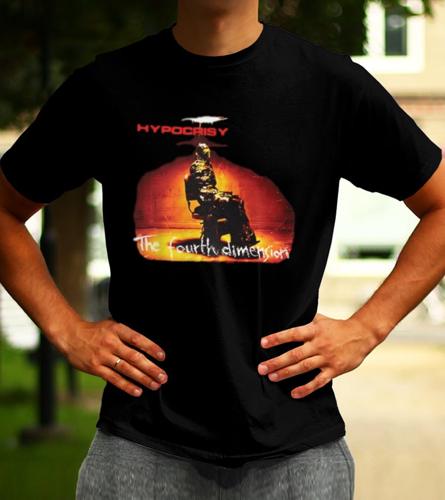 Hypocrisy The Fourth Dimension Red Text And Seated Figure T-Shirt