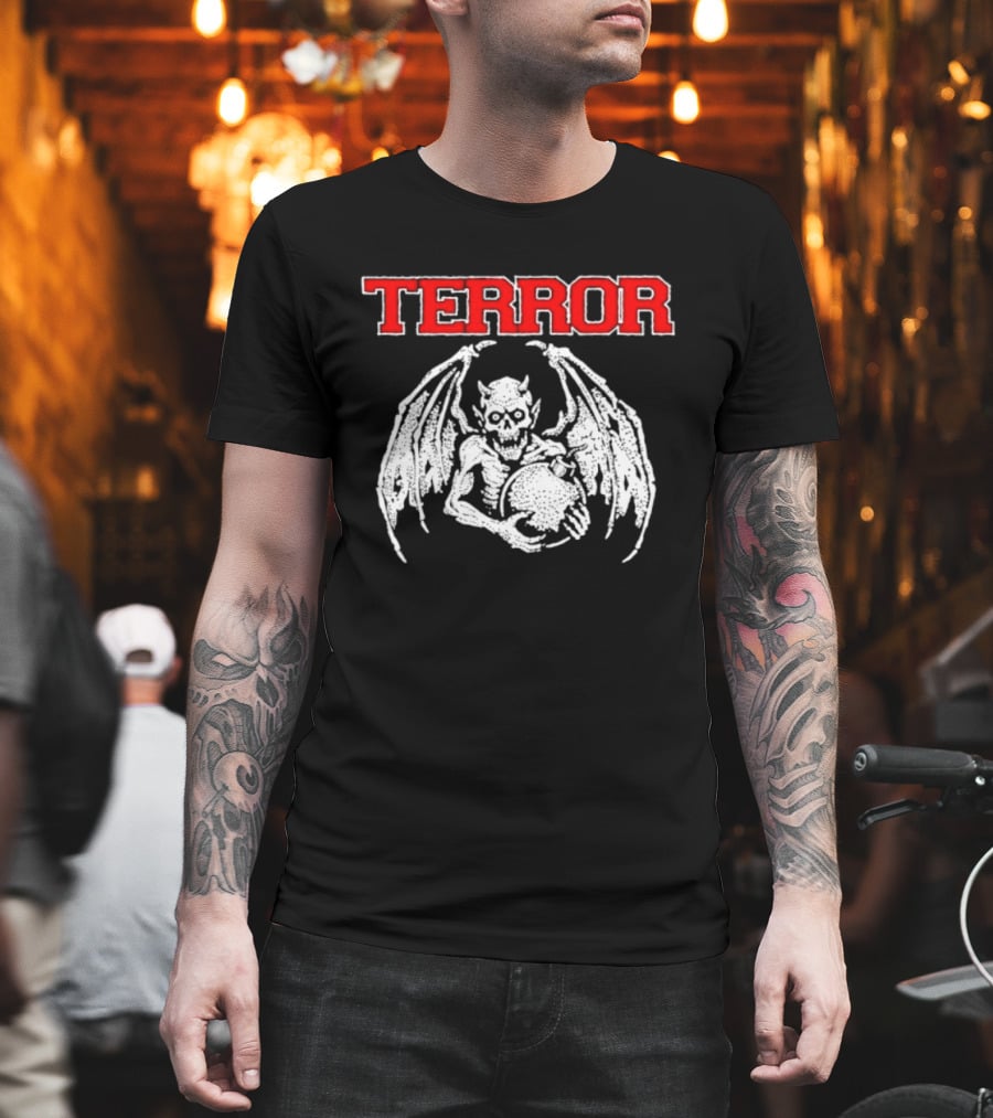 Terror Red Lettering Demon With Wings Holding Bomb T-Shirt