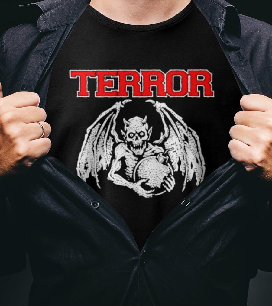 Terror Red Lettering Demon With Wings Holding Bomb T-Shirt