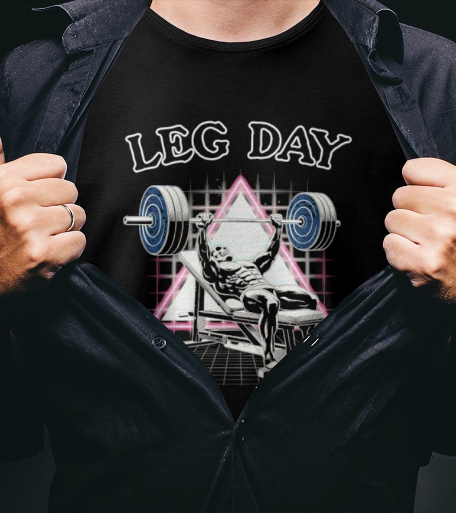 Leg Day Skeleton Weightlifting Gym Bodybuilding 80s Aesthetic Neon Triangle T-Shirt