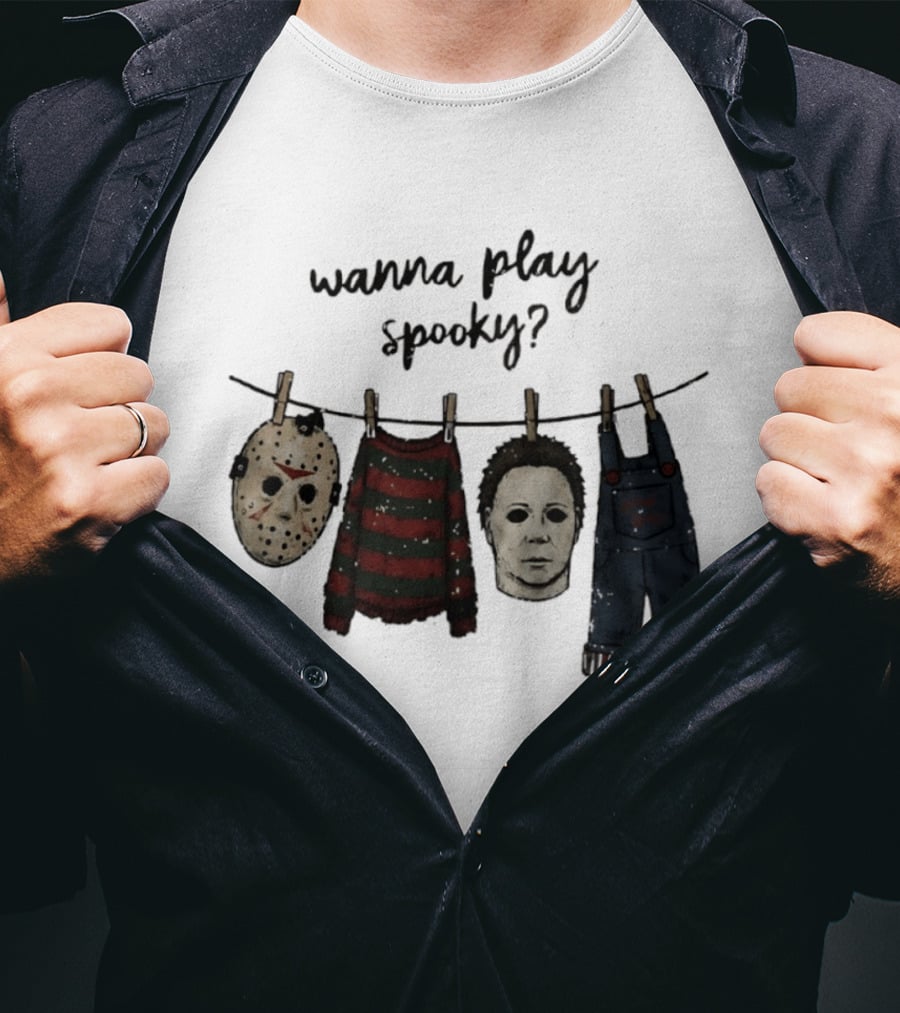 Wanna Play Spooky Halloween Horror Mask And Costume References T-Shirt