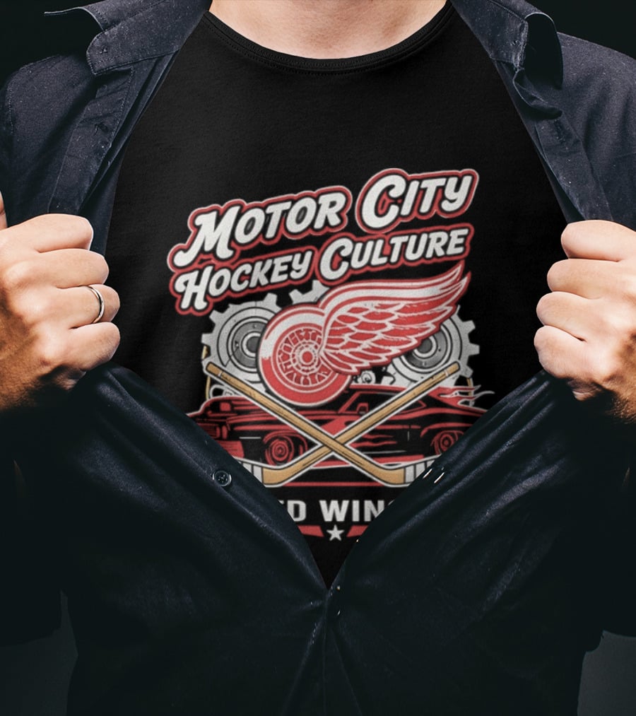 Motor City Hockey Culture Red Wings NHL Classic Logo And Car T-Shirt