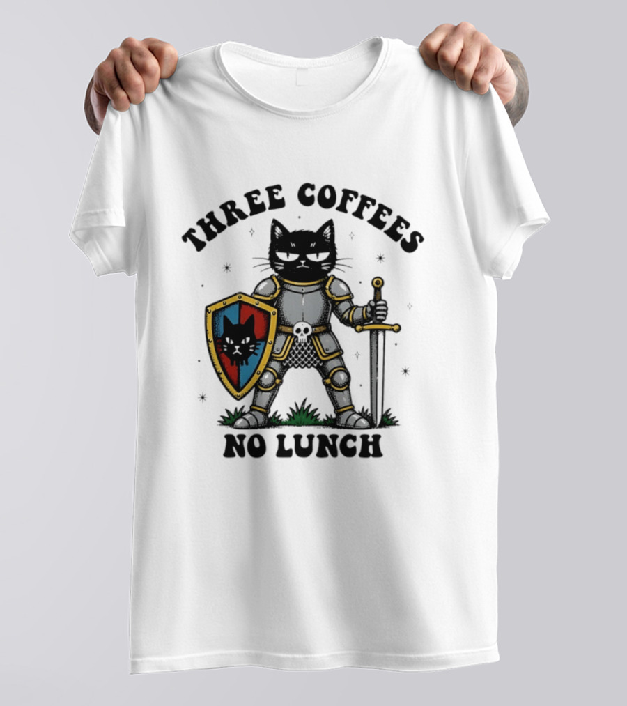 Three Coffees No Lunch Black Cat Armored Knight Shield T-Shirt