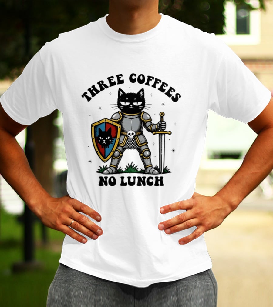 Three Coffees No Lunch Black Cat Armored Knight Shield T-Shirt