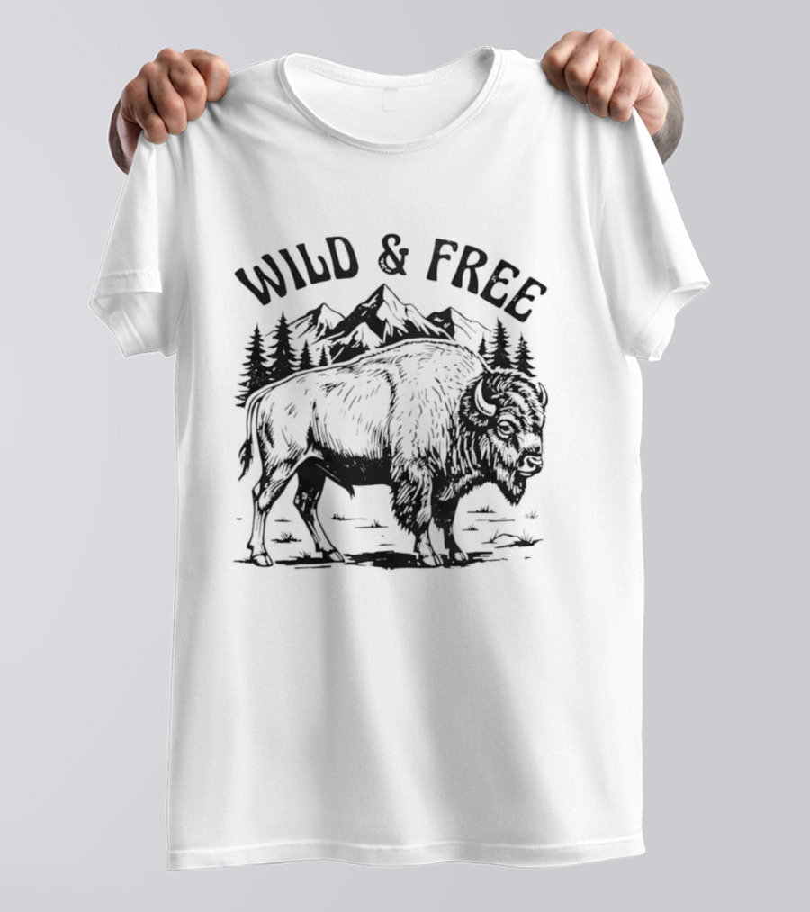 Wild And Free Bison With Mountain And Forest Scene T-Shirt