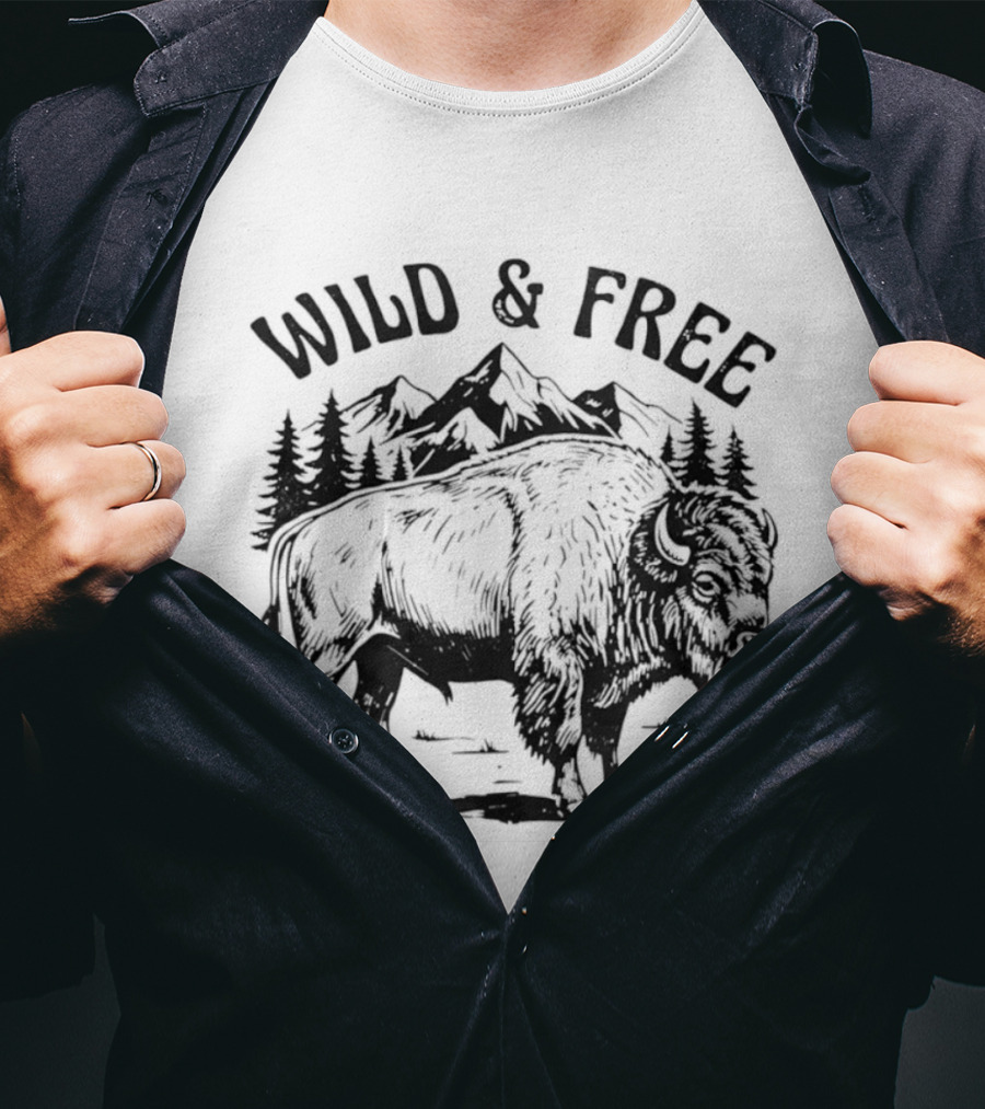 Wild And Free Bison With Mountain And Forest Scene T-Shirt