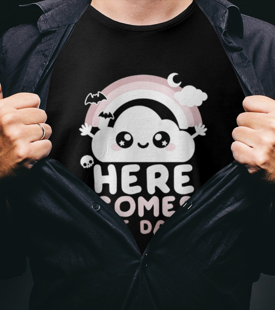 Here Comes The Dark Cute Cloud Rainbow Bats Moon And Stars T-Shirt
