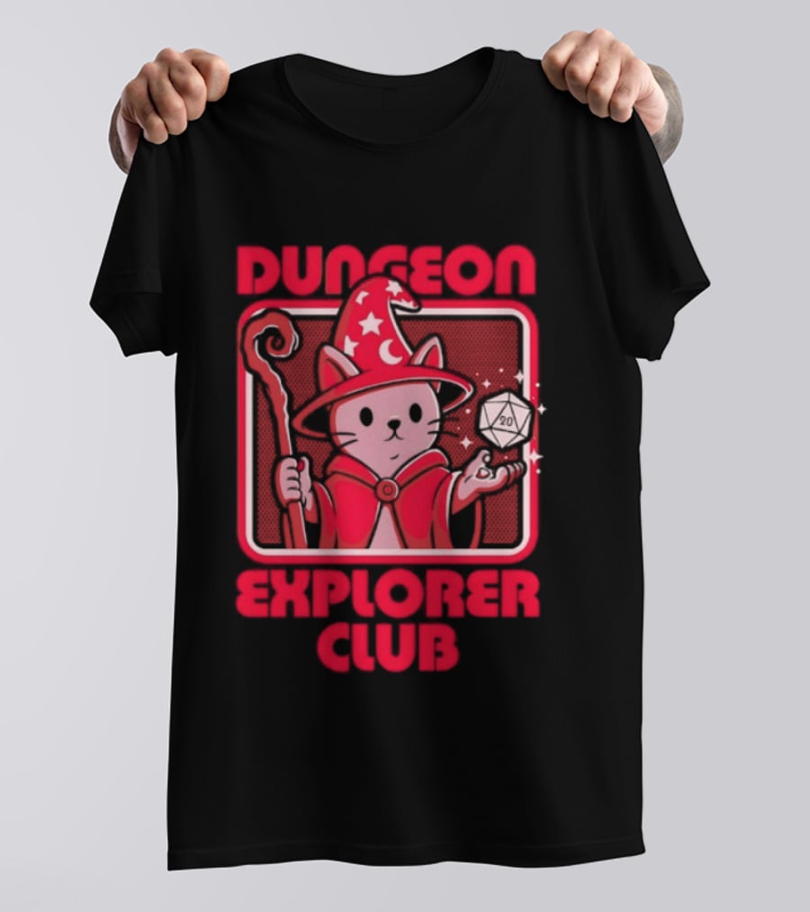 Dungeon Explorer Club Wizard Cat With D20 Dice Magic Wand T-Shirt