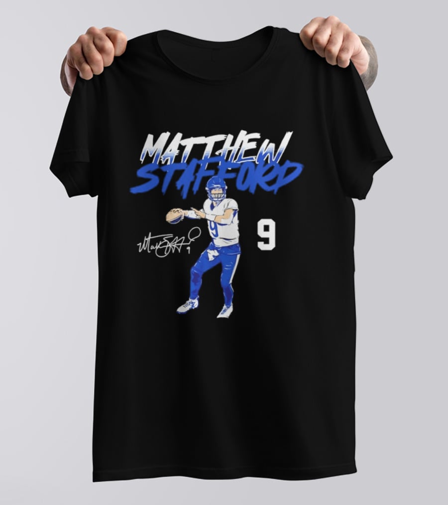 Matthew Stafford 9 Autograph Los Angeles Rams Quarterback Action Pose T-Shirt
