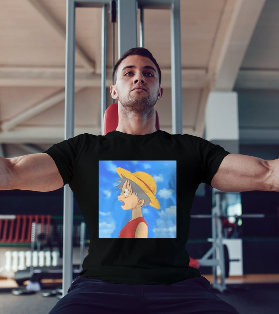 Monkey D Luffy Sky Gazing Red Vest Yellow Straw Hat Anime Scene Clouds Blue Sky T-Shirt
