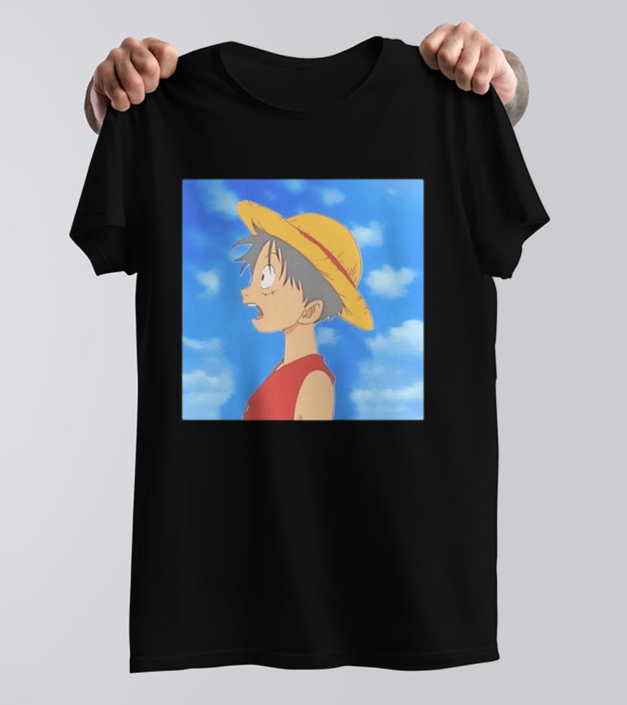 Monkey D Luffy Sky Gazing Red Vest Yellow Straw Hat Anime Scene Clouds Blue Sky T-Shirt