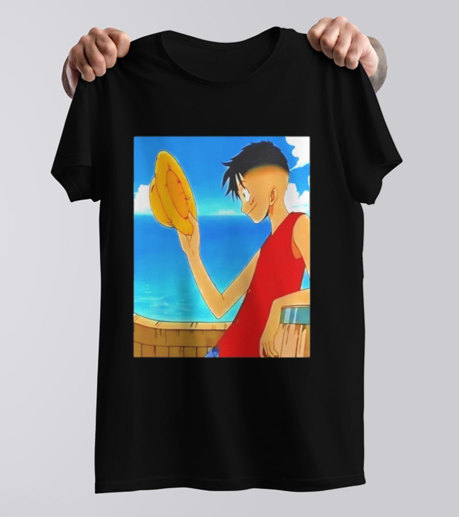 One Piece Luffy Taper Fade Anime Manga Straw Hat Ocean Scene T-Shirt