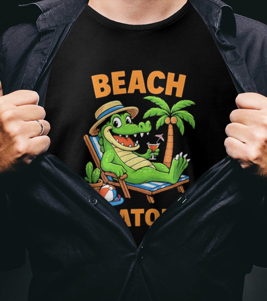 Beach Gator Tropical Alligator Vacation Relaxing With Cocktail Palm Tree T-Shirt
