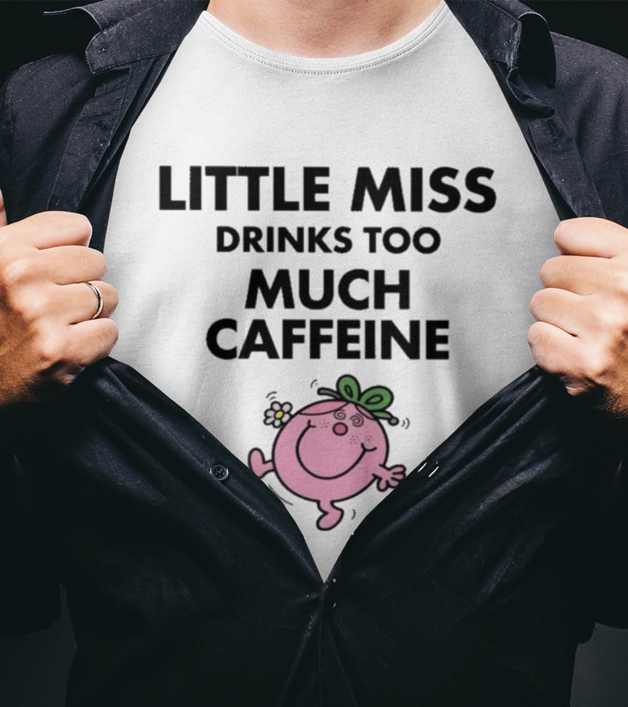 Little Miss Drinks Too Much Caffeine Pink Character With Green Bow T-Shirt