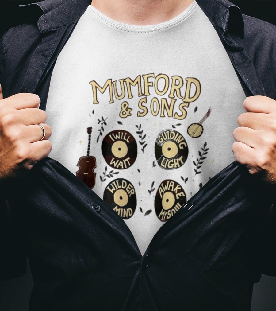 Mumford And Sons I Will Wait Guiding Light Wilder Mind Awake My Soul Vinyl Record Banjo Guitar T-Shirt