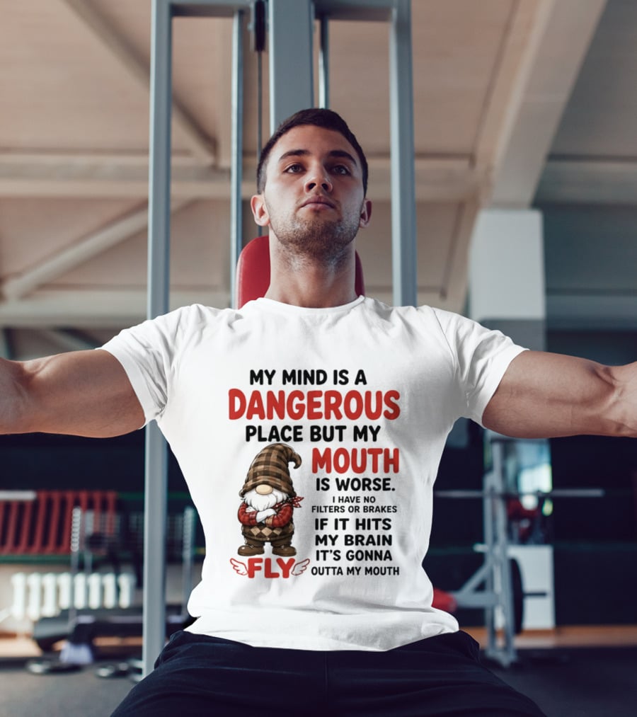 My Mind Is A Dangerous Place But My Mouth Is Worse Gnome Fly No Filters Or Brakes T-Shirt