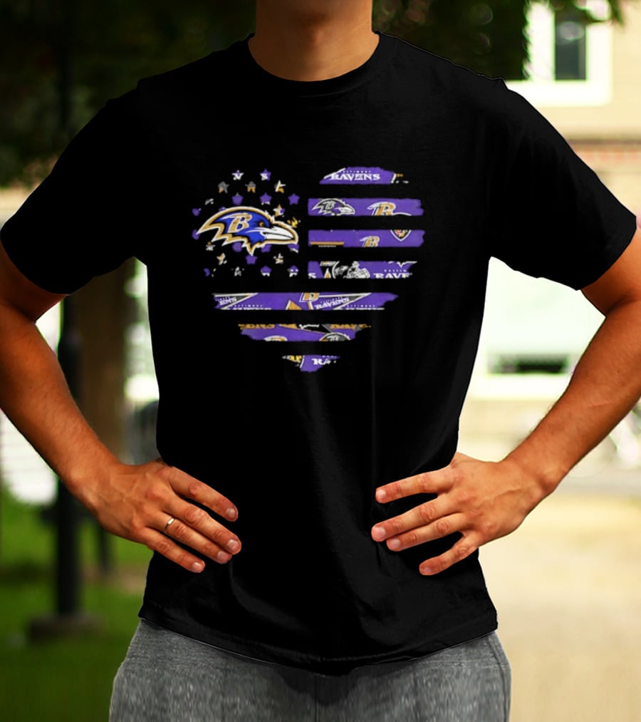 Baltimore Ravens 2026 Season American Flag Heart Ravens Logo Stars Stripes T-Shirt