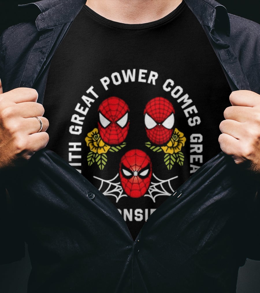 With Great Power Comes Great Responsibility Spider Man Masks Webs Flowers T-Shirt