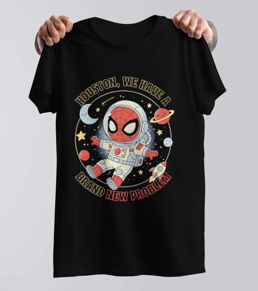 Houston We Have A Brand New Problem Spider Man Astronaut Moon Stars Planets T-Shirt