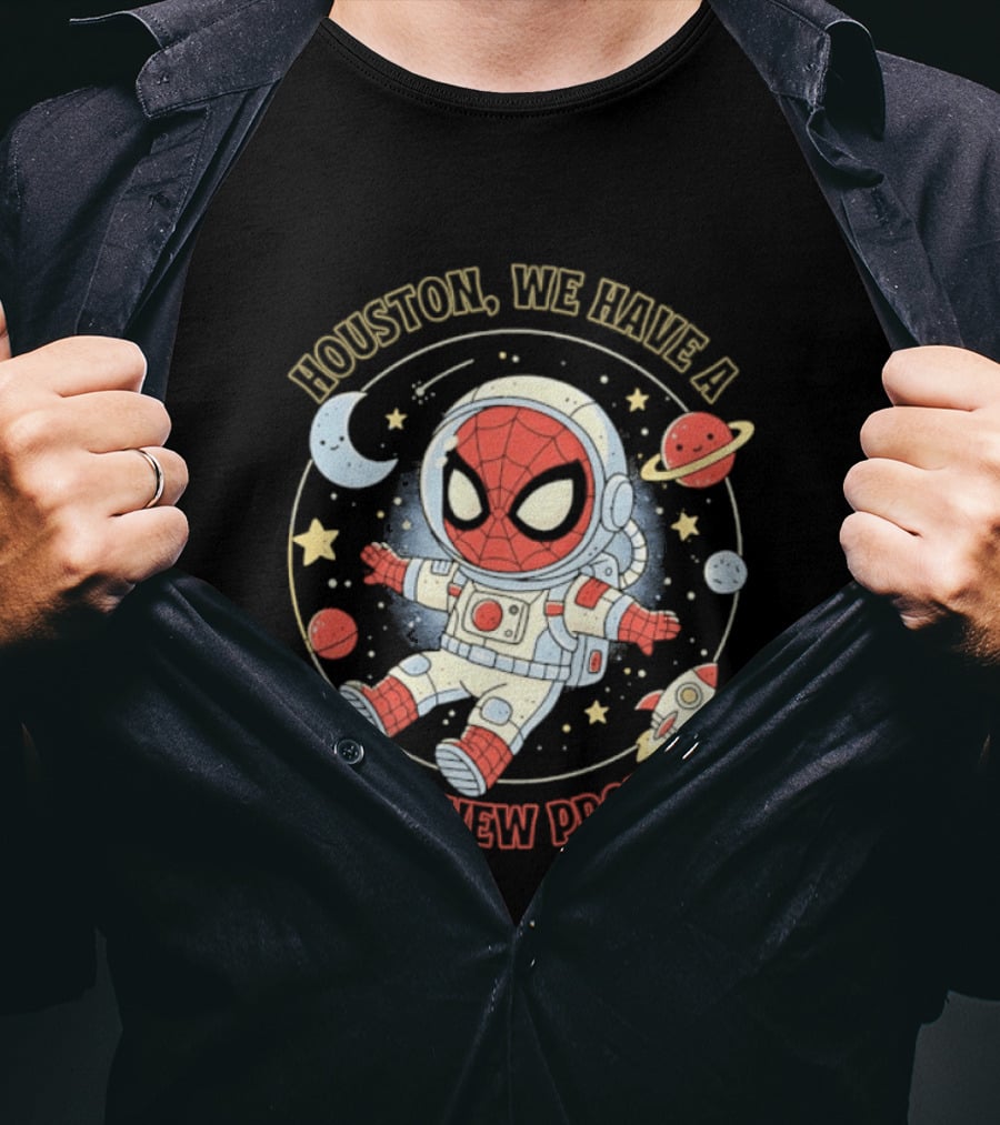 Houston We Have A Brand New Problem Spider Man Astronaut Moon Stars Planets T-Shirt
