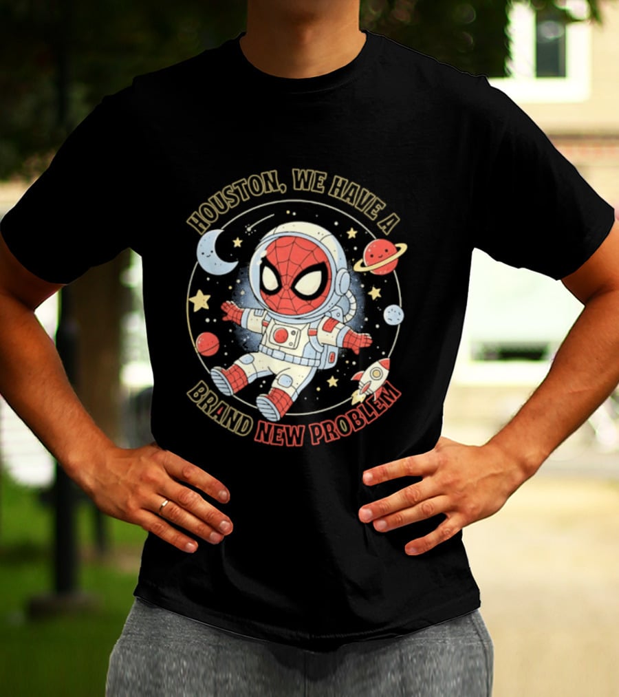Houston We Have A Brand New Problem Spider Man Astronaut Moon Stars Planets T-Shirt
