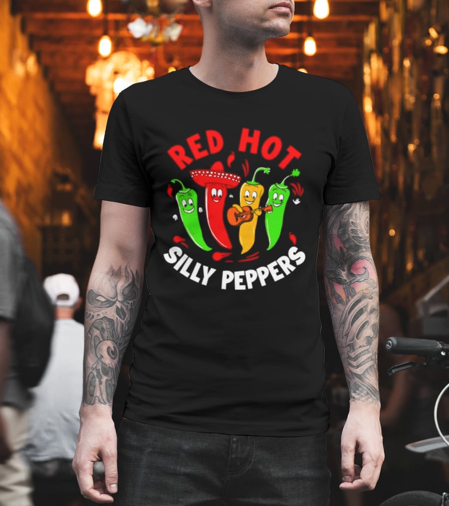 Red Hot Silly Peppers Band With Colorful Chili Cartoon Characters Playing Guitar T-Shirt