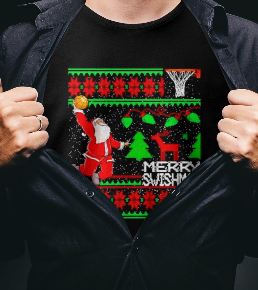 Santa Claus Dunking Basketball Ugly Christmas Sweater Merry Swishmas T-Shirt