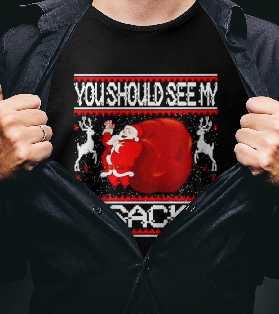 You Should See My Sack Santa Claus Ugly Christmas Reindeer Snowflakes T-Shirt