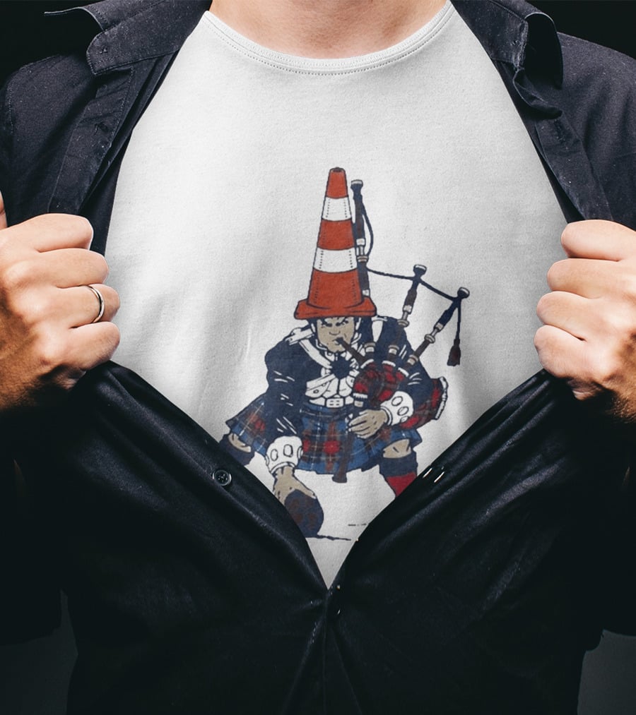 Bagpipes Player With Traffic Cone Hat Scottish Kilt Outfit T-Shirt
