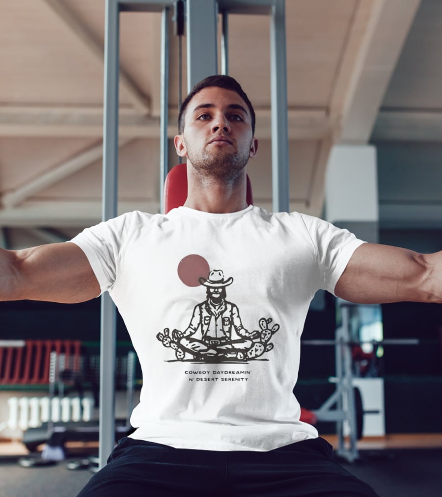 Cowboy Daydreamin' N' Desert Serenity Meditation With Red Sun And Desert Cactus T-Shirt