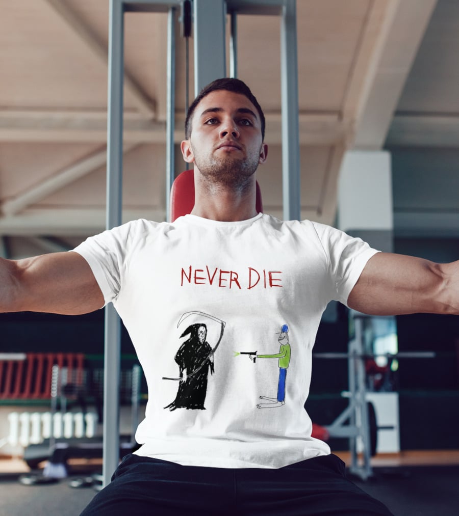 Never Die Grim Reaper Confronts Armed Man Drawing T-Shirt