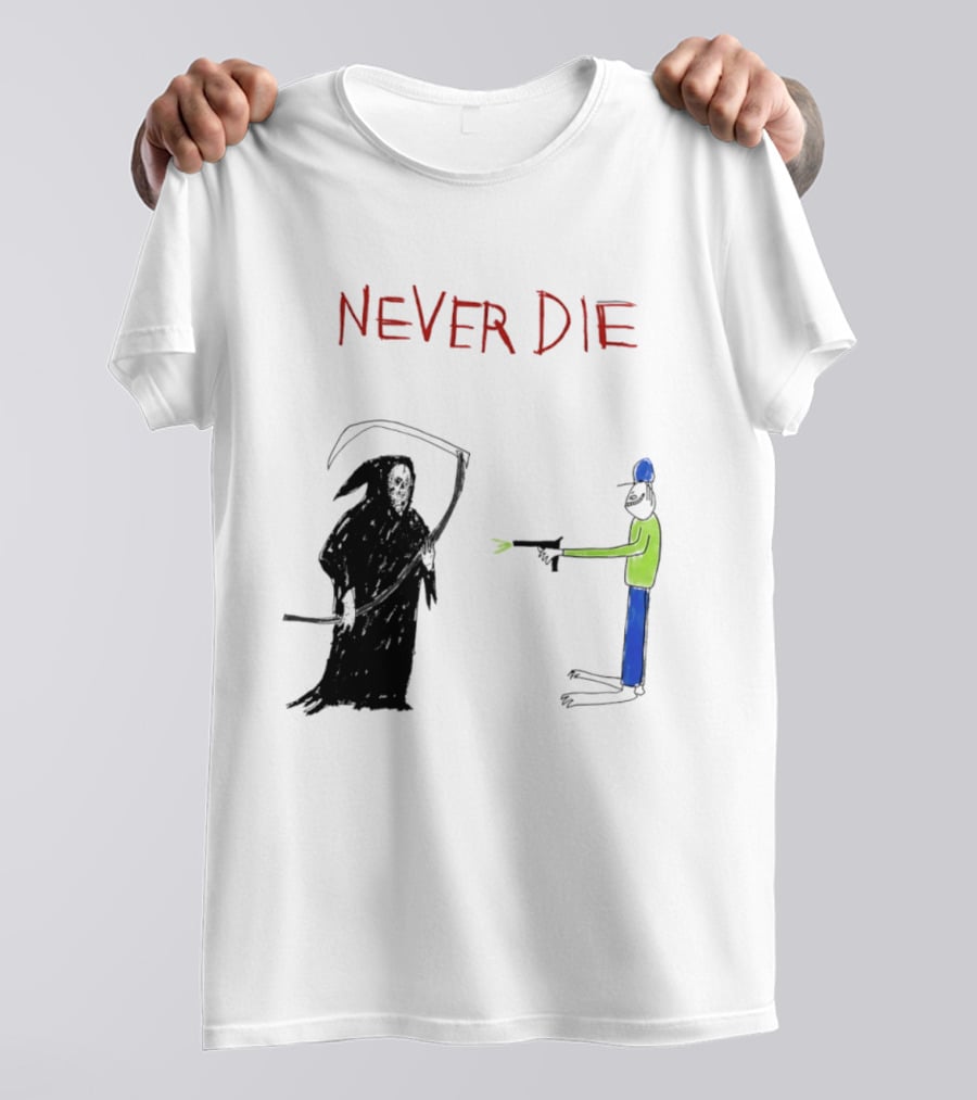 Never Die Grim Reaper Confronts Armed Man Drawing T-Shirt