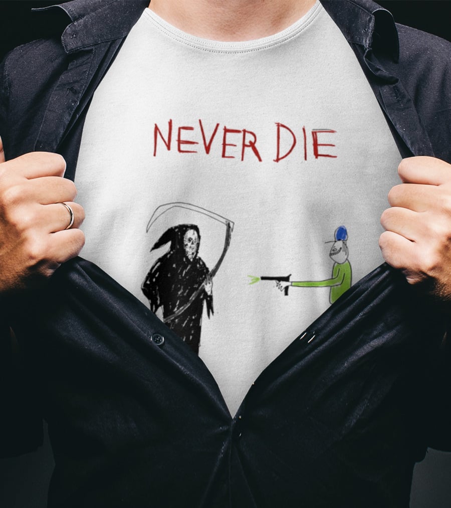 Never Die Grim Reaper Confronts Armed Man Drawing T-Shirt
