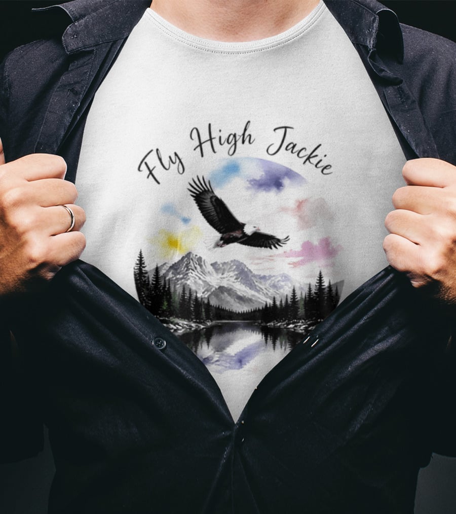Fly High Jackie 2012 2026 Eagle Mountain Lake Memorial With Soaring Eagle And Scenic Sunset T-Shirt