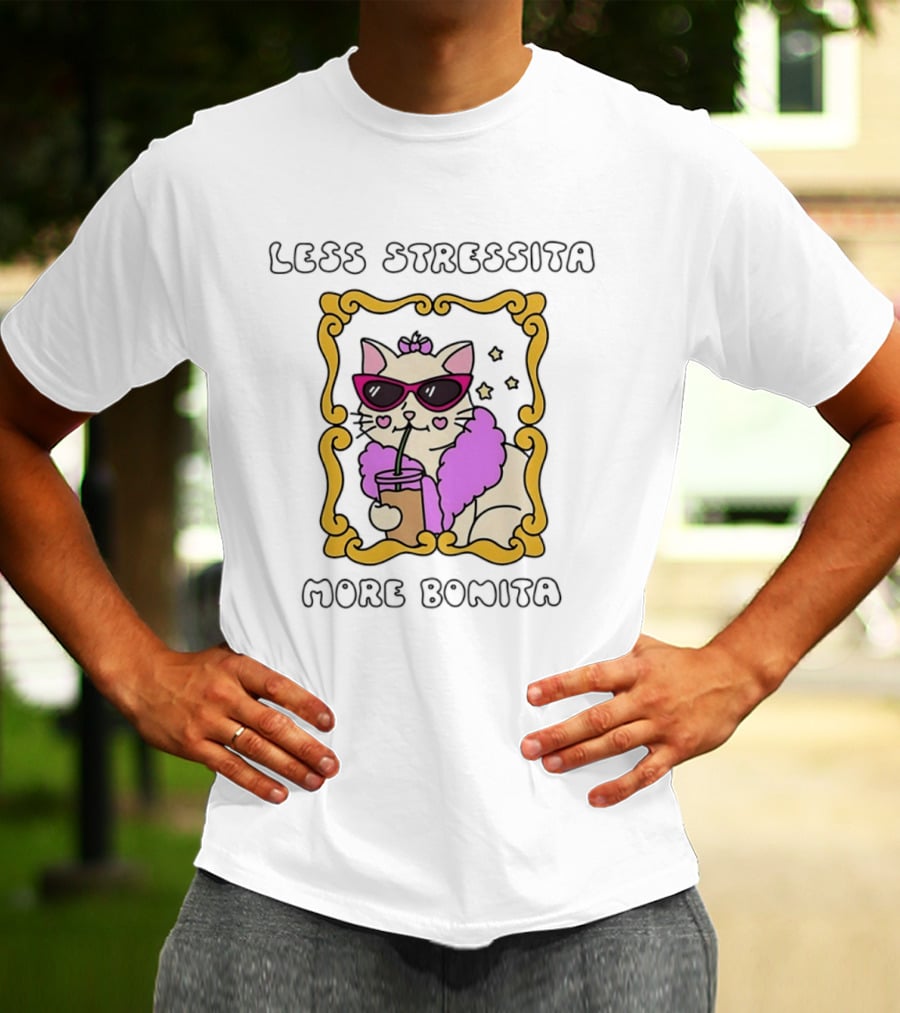 Less Stressita More Bonita Cat With Sunglasses And Drink Framed In Yellow Border T-Shirt