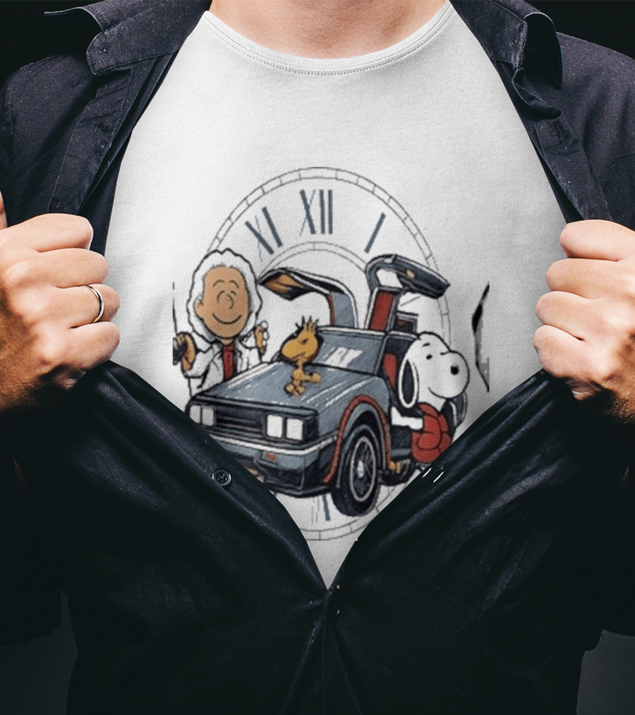 Peanuts Characters With DeLorean Time Machine And T-Shirt