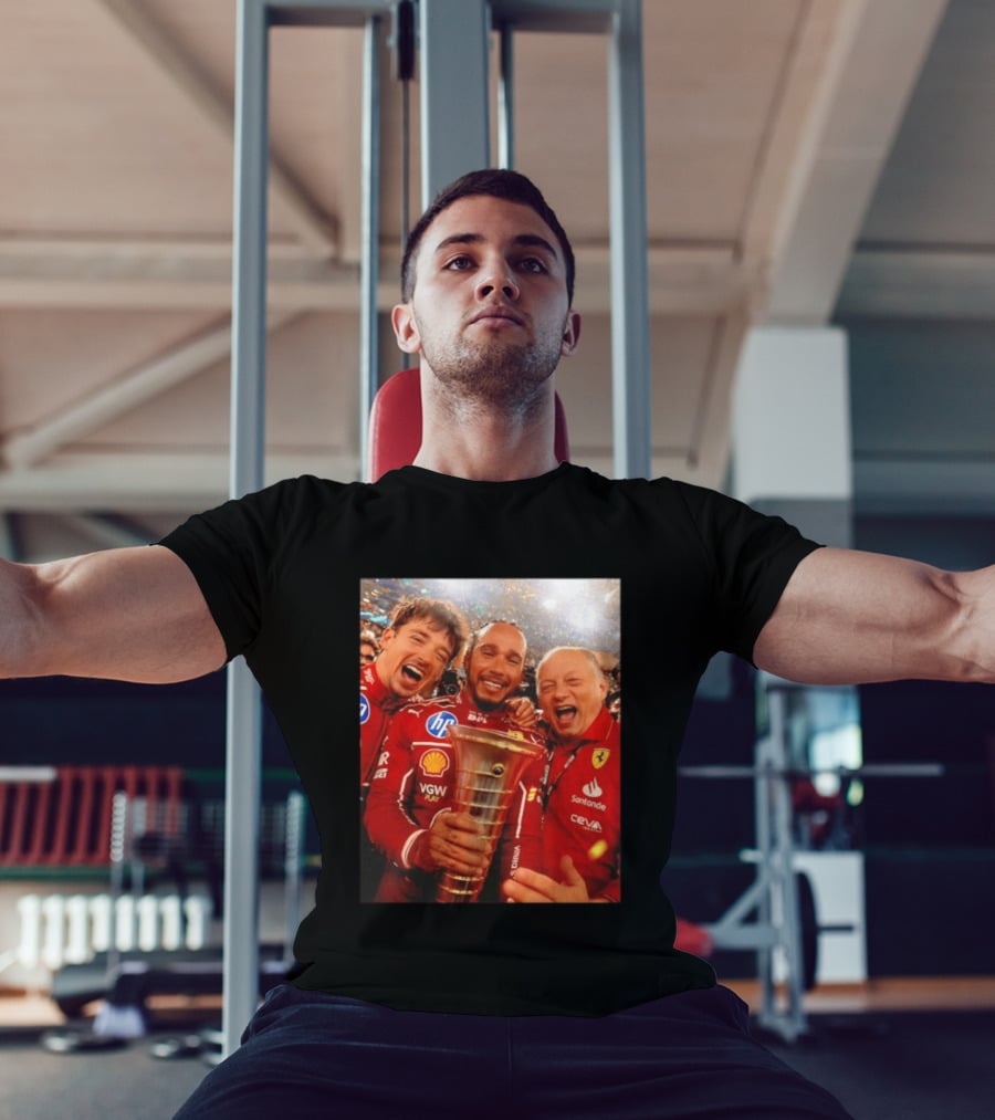 Charles Leclerc Lewis Hamilton Frederic Vasseur Ferrari Victory Celebration Trophy BP Shell Santander CEVA Racing T-Shirt