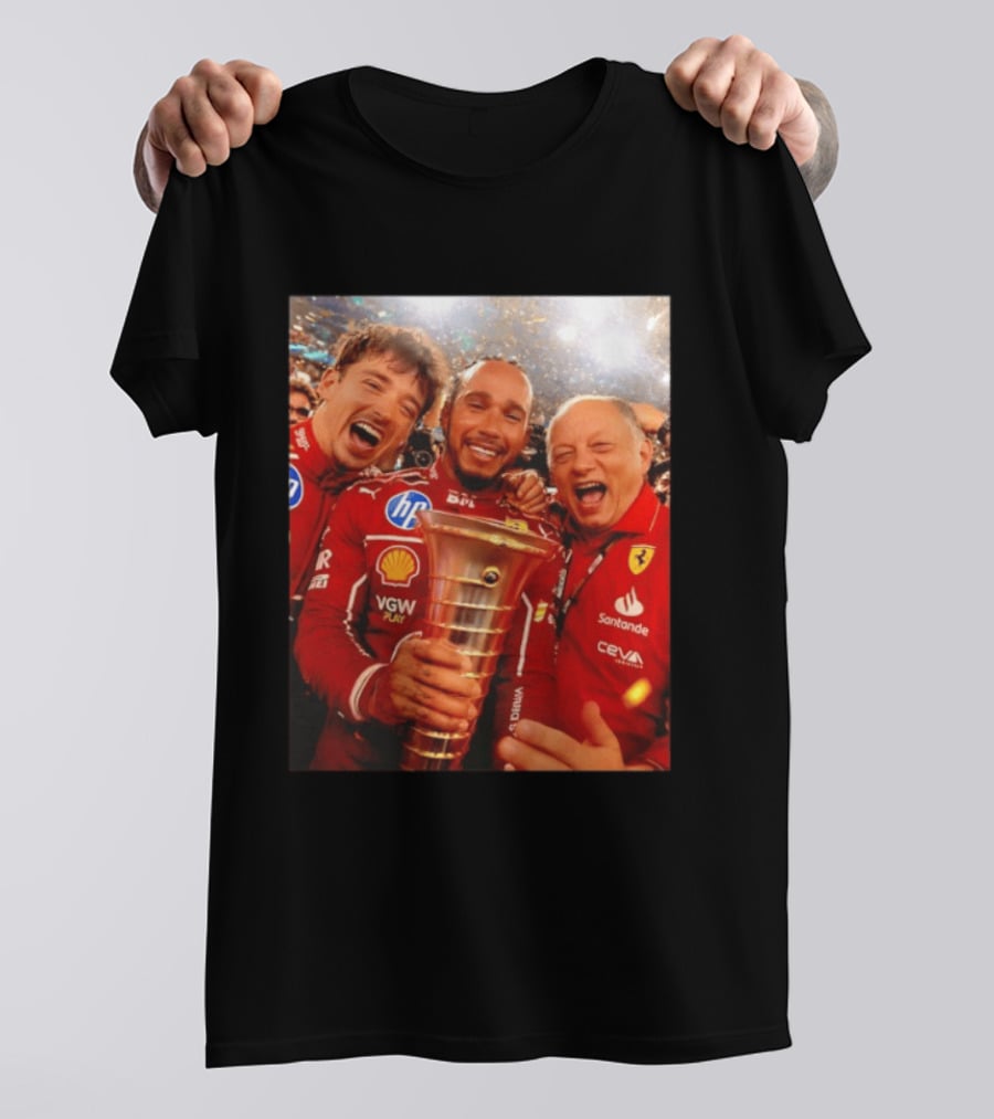 Charles Leclerc Lewis Hamilton Frederic Vasseur Ferrari Victory Celebration Trophy BP Shell Santander CEVA Racing T-Shirt