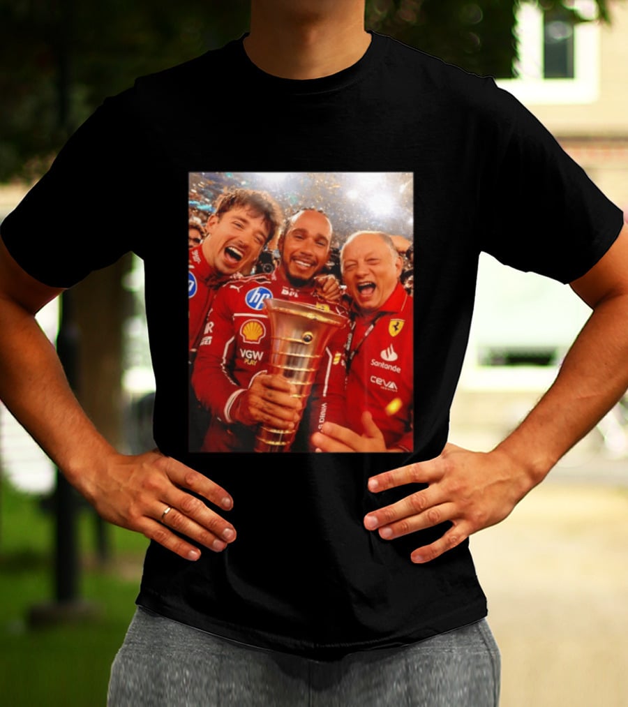 Charles Leclerc Lewis Hamilton Frederic Vasseur Ferrari Victory Celebration Trophy BP Shell Santander CEVA Racing T-Shirt