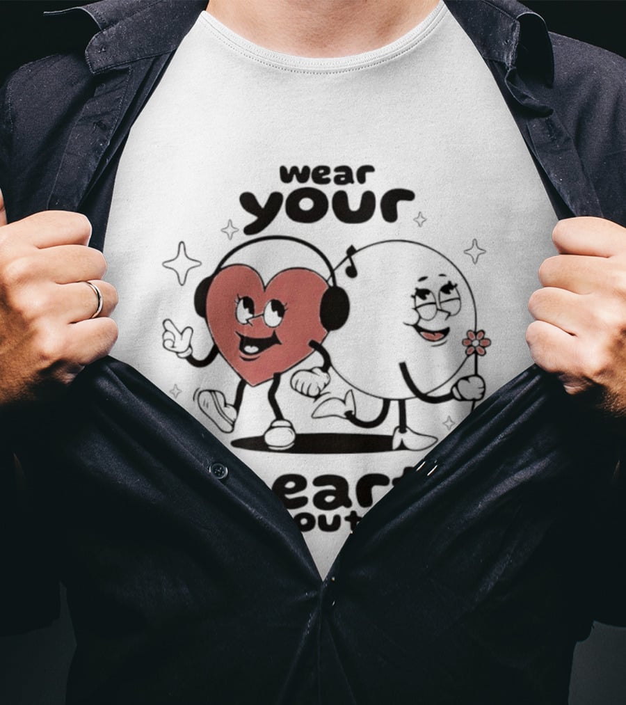 Wear Your Heart Out Love Aesthetic Headphones And Flower Cartoon Characters T-Shirt