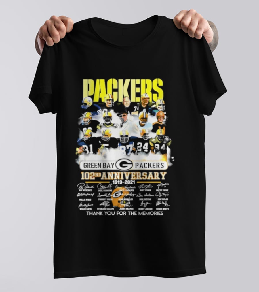 Green Bay Packers 102nd Anniversary 1919 2021 Thank You For The Memories Packers Legends Signatures Collection T-Shirt