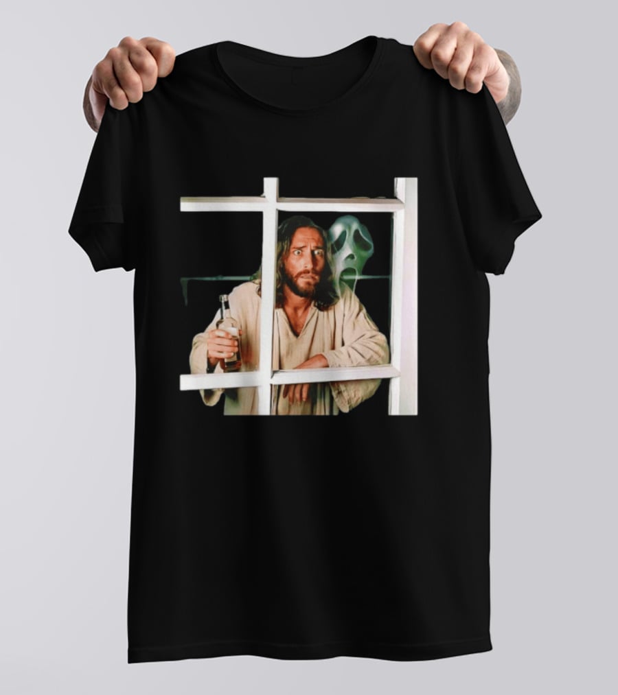 Jesus Drinking Whiskey With Ghostface Killer Behind Window T-Shirt